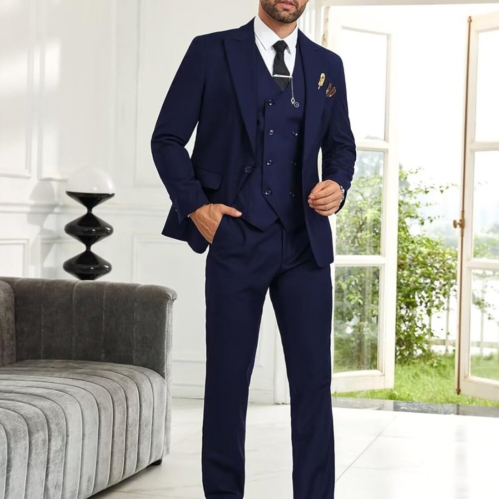 Mens Suit Slim Fit 3 Piece Double Breasted Suit Men Formal Tuxedo Set Casual Wed - Picture 2 of 6